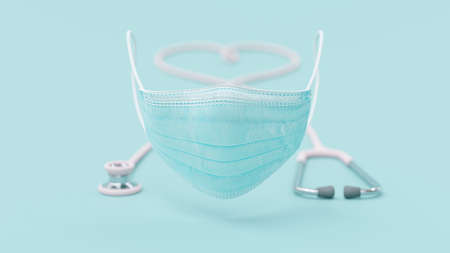 Medical or Surgical mask Green-Blue color with Pink stethoscope. Selective focus at mask. Concept of preventing germs and viruses. 3D Render.の写真素材