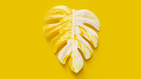 Yellow monstera leaf spotted pattern on yellow background. Minimal idea concept, 3D Render.の写真素材
