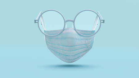 Medical or Surgical mask Blue color and round glasses. Concept of preventing germ and viruses. 3D Render.の写真素材