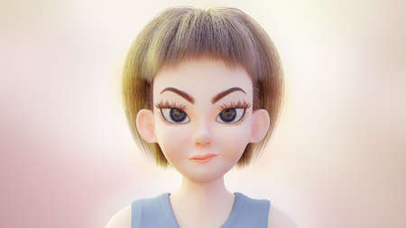 Girl making silly face. Close-Up selective focus. Expression of the cartoon character. Pink-Yellow pastel tone background, 3D Renderの写真素材