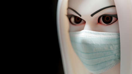 Beautiful woman wearing Medical or Surgical mask. Close-Up selective focus on eyes. Expression of the cartoon character. Black background, 3D Renderの写真素材