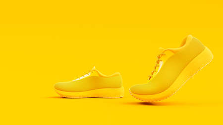 Yellow sneakers shoe. Character is moving forward on the yellow background. Copy space for your text. Minimal idea concept, 3D Render.の写真素材