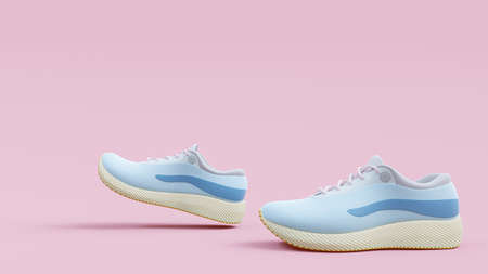 Blue sneakers shoe. Character is moving forward on the yellow background. Copy space for your text. Pastel color concept, 3D Render.の写真素材