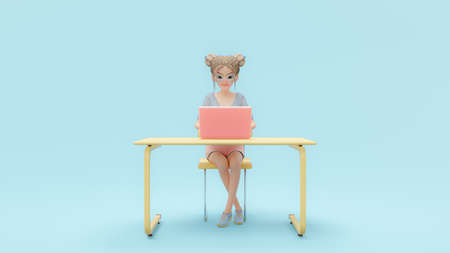 Happy young woman sitting on yellow chair. enjoys studying and work from home from computer. Pink laptop on work desk. cartoon character, 3d renderingの写真素材
