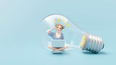 little girl getting creative idea Using computer, in light bulb. Blue laptop is placed on lap. cartoon character, Minimal idea concept, 3d renderingの写真素材