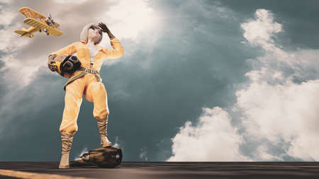 female pilot dressed in yellow is standing and looking up at the sky with hope. with the scary sky. cartoon character, 3d renderingの写真素材