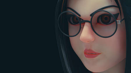 Working woman wearing glasses, Close-Up selective focus on eyes. Expression of the cartoon character. vintage tone background, 3D Renderの写真素材