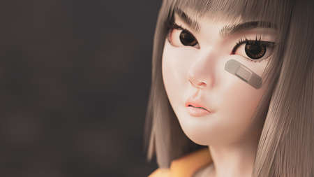 Girl feeling sad and worried, Close-Up selective focus on eyes. Expression of the cartoon character. vintage tone background, 3D Renderの写真素材
