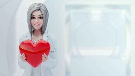Female young doctor holding red heart with two hands. with happy smile. Cartoon character, heart disease idea concept, 3d renderingの写真素材