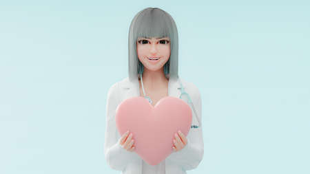 Female young doctor holding pink heart with two hands. with happy smile. Cartoon character, heart disease idea concept, 3d renderingの写真素材