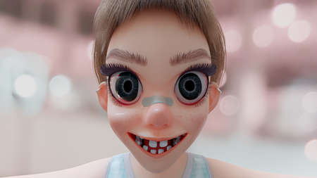 Girl missing teeth ugly smile close-up on face. Expression of the cartoon character. 3D Renderの写真素材