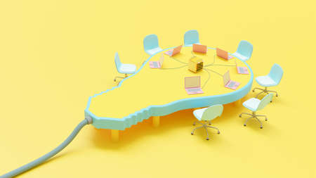 Conference table looks like yellow-blue light bulb. Several pink laptop on top table in yellow room. business idea concept, 3D Render.の写真素材