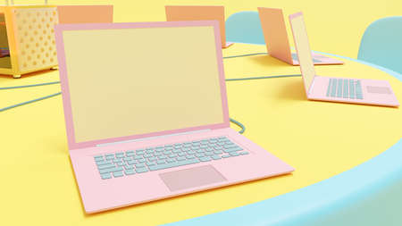 Several pink laptops on yellow-blue work desk table. 3D Render.の写真素材
