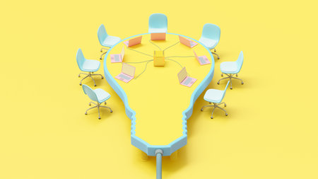 Conference table looks like yellow-blue light bulb. Several pink laptop on top table in yellow room. business idea concept, 3D Render.の写真素材