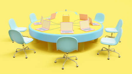 Several pink laptop on yellow-blue work desk table. 3D Render.の写真素材