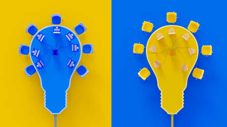 Conference table looks like yellow and blue light bulb. Several laptop on top table. Yellow and blue background. business idea concept, 3D Render.の写真素材