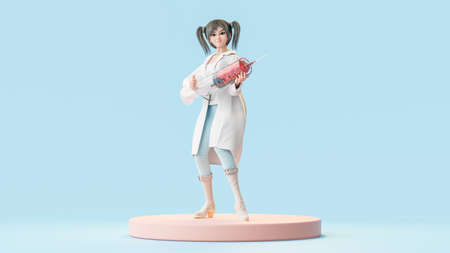 beautiful nurse stand holding large syringe. Inside is filled with many red heart. Cartoon character, 3d rendering.の写真素材