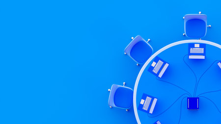 Conference table. Several blue laptop on top table. Blue background and copy space for your text. Business idea concept, 3D Render.の写真素材
