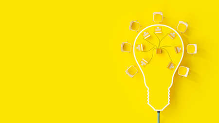 Conference table looks like yellow light bulb. Several laptop on top table on yellow background. Minimal idea concept, 3D Render.の写真素材