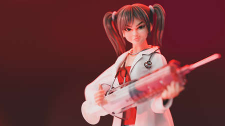 beautiful nurse stand holding large syringe on red background. Selective focus on eye. Cartoon character, 3d rendering.の写真素材