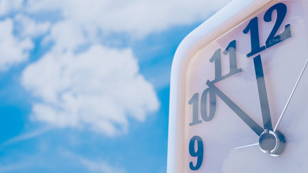White square clock on sky background. Copy space for your text. Minimal idea concept, 3D Render.の写真素材