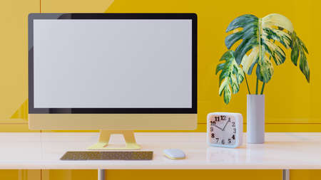 Yellow computer monitor on white desk with clock and trees in the yellow office. Monitor Mock-up Yellow color. technology  idea concept. 3D Render.の写真素材
