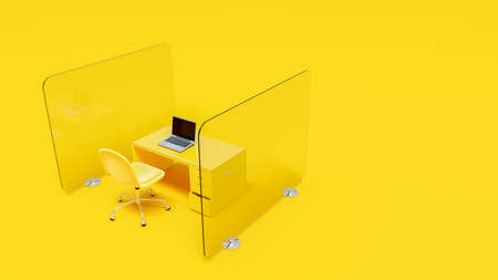 Laptop on yellow work desk with glass side shield on yellow floor. Minimal and New Normal idea concept,3D Render.の写真素材