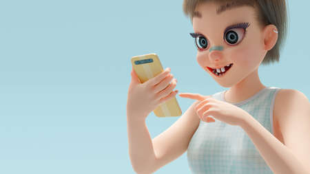 little girl enjoy yellow smartphone on blue background and copy space for your text. Cartoon character, 3d renderingの写真素材