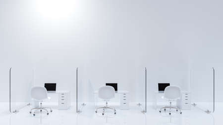 Yellow office desk which is different from other tables. Glass partition between each desk and laptop on table. Different and minimal idea concept, 3D Render.の写真素材