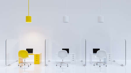Yellow office desk which is different from other tables. Glass partition between each desk and laptop on table. Different and minimal idea concept, 3D Render.の写真素材