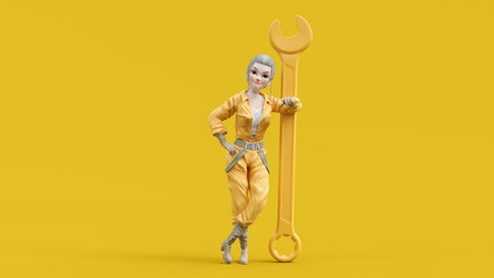 Woman mechanic wearing yellow leaning against the yellow wrench. Smiling and confident face. Cartoon character, Minimal idea concept, 3d rendering.の写真素材