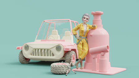 Beautiful car mechanic wearing yellow dress leans on a pink jack with pink car on the side. Smiley and confident face. Cartoon character. Minimalist concept. 3D rendering.の写真素材