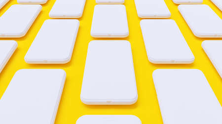 White smartphone Mockup arranged on Yellow background. Minimal idea concept, 3D Render.の写真素材