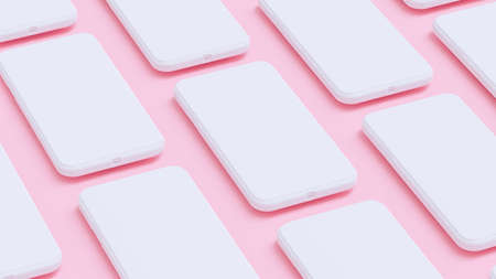 White smartphone Mockup arranged on Pink background. Minimal idea concept, 3D Render.の写真素材