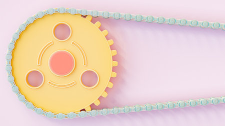Blue bicycle chain is attached to yellow sprocket or gear. Made of plastic on pink background. Copy space for your text, 3D Render.の写真素材