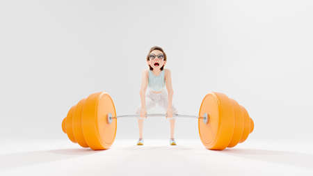Cheeky little girl with short hair. Try your best to lift orange weights in light room. light shine from the side and back. 3D Render.の写真素材