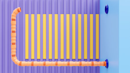 Orange pipe is walking toward  destination at the blue tunnel. Yellow and Purple wall stacked in the background. Abstract background for put banner and message. 3D Render.の写真素材