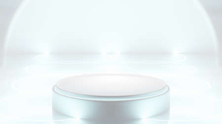 Silver podium stand glistened in white room with sparkling lights. Futuristic wall scene. 3d Render.の写真素材