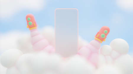 Transparent smartphone screen  rough texture and rocket on blue sky background. to put your banner...