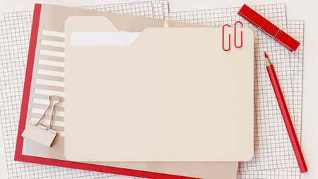 Document folder and office supplies such as red pencil, paper clip placed on work desk. Space for...