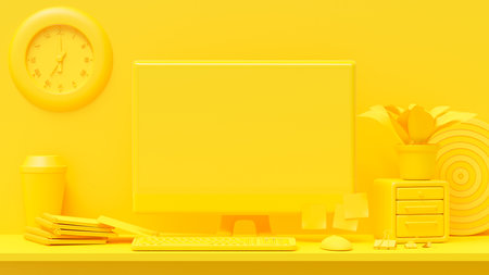 Minimal concept, computer on table Work desk yellow color and mock-up for your text with notebook ,mouse ,clock ,Paper clip and Dartboard. 3d render.の写真素材