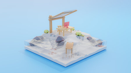 Model yellow desk with pink computer. Located on island in middle of the sea on blue sea background. Isolation idea concept, 3D Render.の写真素材
