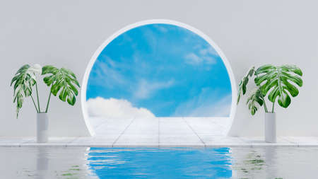 White Wall with circle door behind clear sky background for your text. front has reflections from the water. 3d Render.の写真素材