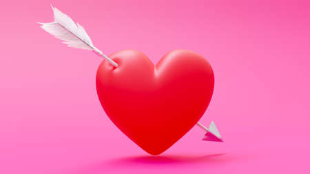 Red heart and arrow on pink background. 3D Render.の写真素材