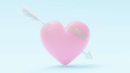 Pink heart with plaster and arrow on blue background. 3D Render.の写真素材