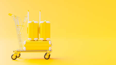 Yellow suitcase on trolley on yellow background. minimal idea concept, 3D Render.の写真素材