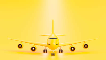 Yellow plane on runway and light from behind on yellow background. minimal idea concept, 3D Render.