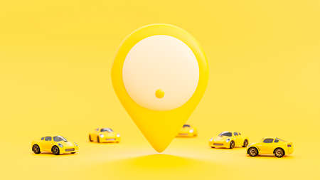 Yellow car going  the same goal. Large yellow map pin in middle of picture. minimal idea concept,3D...