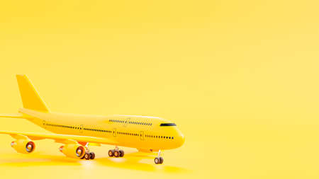 Yellow plane on runway. Space for banner and logo background. minimal idea concept, 3D Render.の写真素材