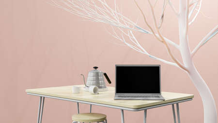 Laptop on work desk beside wall with plant beside it. Side light shadows the trees. Space for banner and logo background. 3D Render.の写真素材